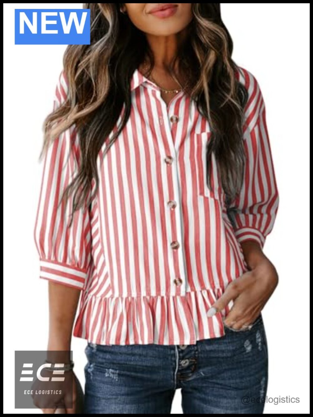 Dokotoo 3/4 Sleeve Button Down Crop Peplum Babydoll Striped Shirt